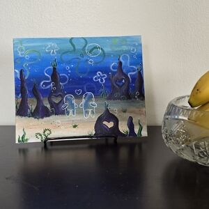 Hand-Painted Blue Ocean Scene Canvas Art with Purple Accents